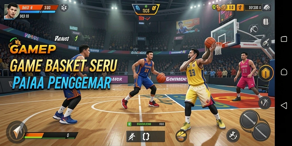 Tampilan utama GAMERP menampilkan karakter pemain Basket yang beraksi di lapangan.