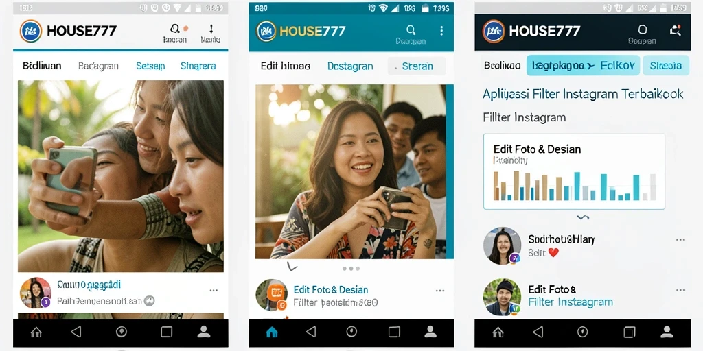 Antarmuka aplikasi HOUSE777 dengan beragam filter Instagram.